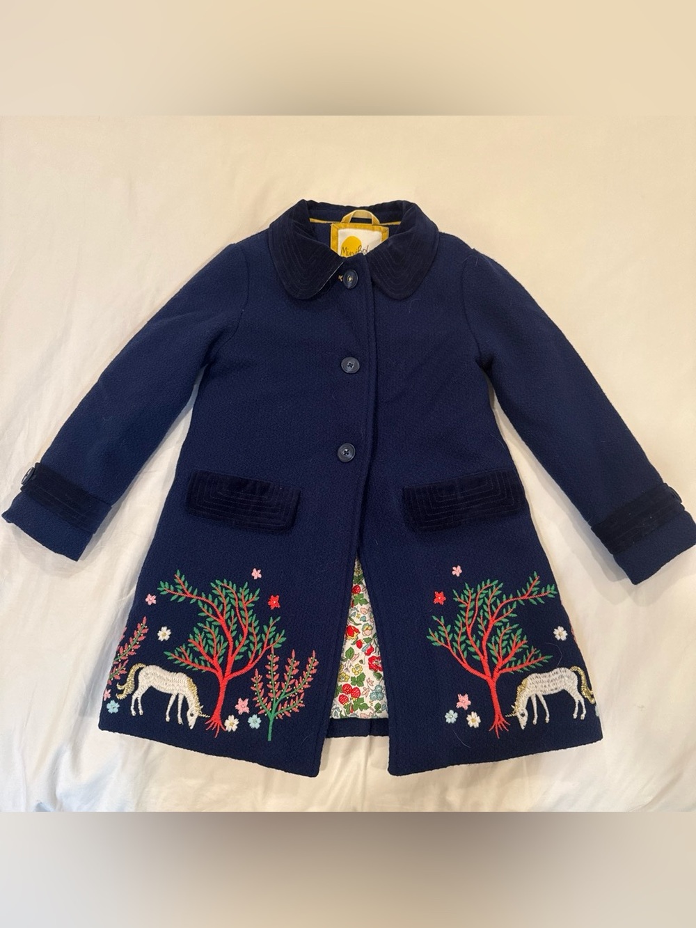 Mini Boden Navy Pea Coat with Embroidered Trees & Unicorns Size 4-5